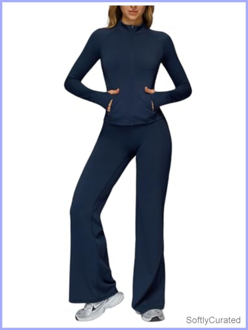 2 Piece Compression Zip Up Jacket & High Waist Flare Leggings Seamless Jogger